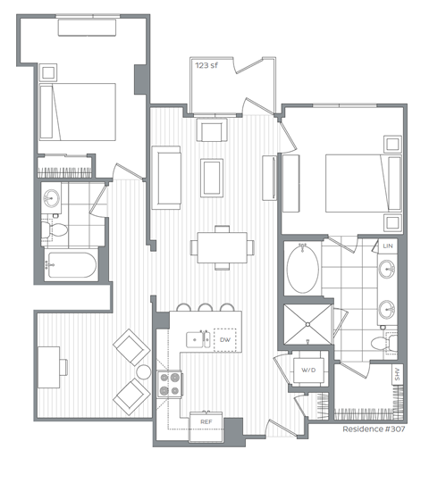 Floor plan for 2 beds, 2 baths, 1149 sqft